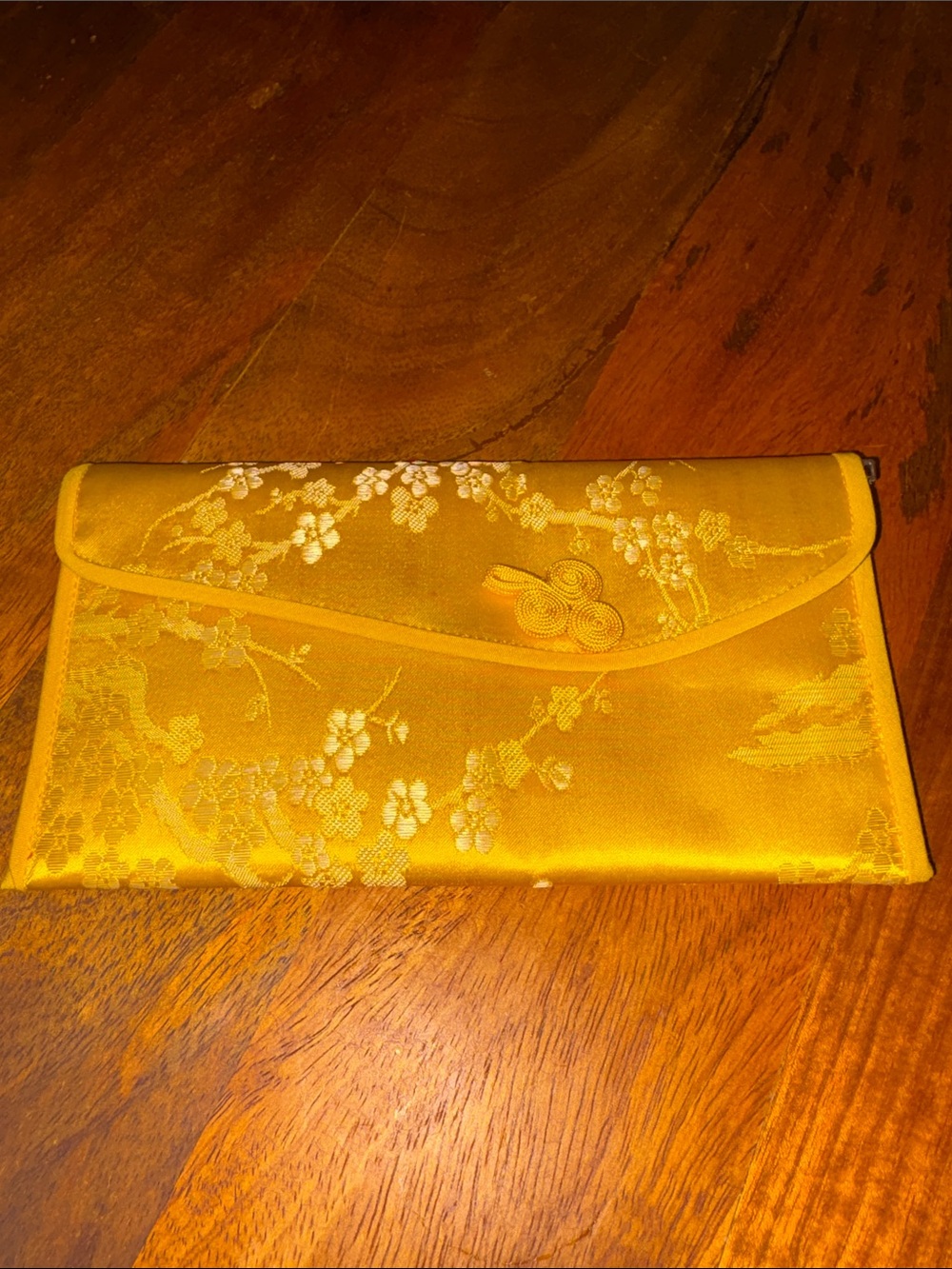 VTG Chinese Silk Brocade Envelope Clutch Pouch Golden Yellow Floral
